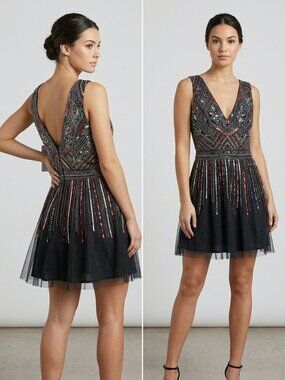 ✨ Glam Deco Beaded & Sequined Mini Dress | Low V-Back Evening Party Dress size S